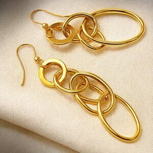 Chic Gold Multi-Hoop Dangle Earrings  Statement Linked Circle Drop Jewelry 3.25"